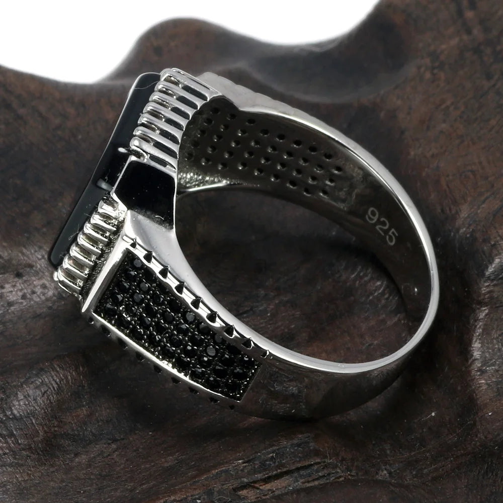 Genuine Solid 925 Sterling Silver Turkish Rings For Men Black Band With Stone Square Natural Onyx Vintage Male Jewelry