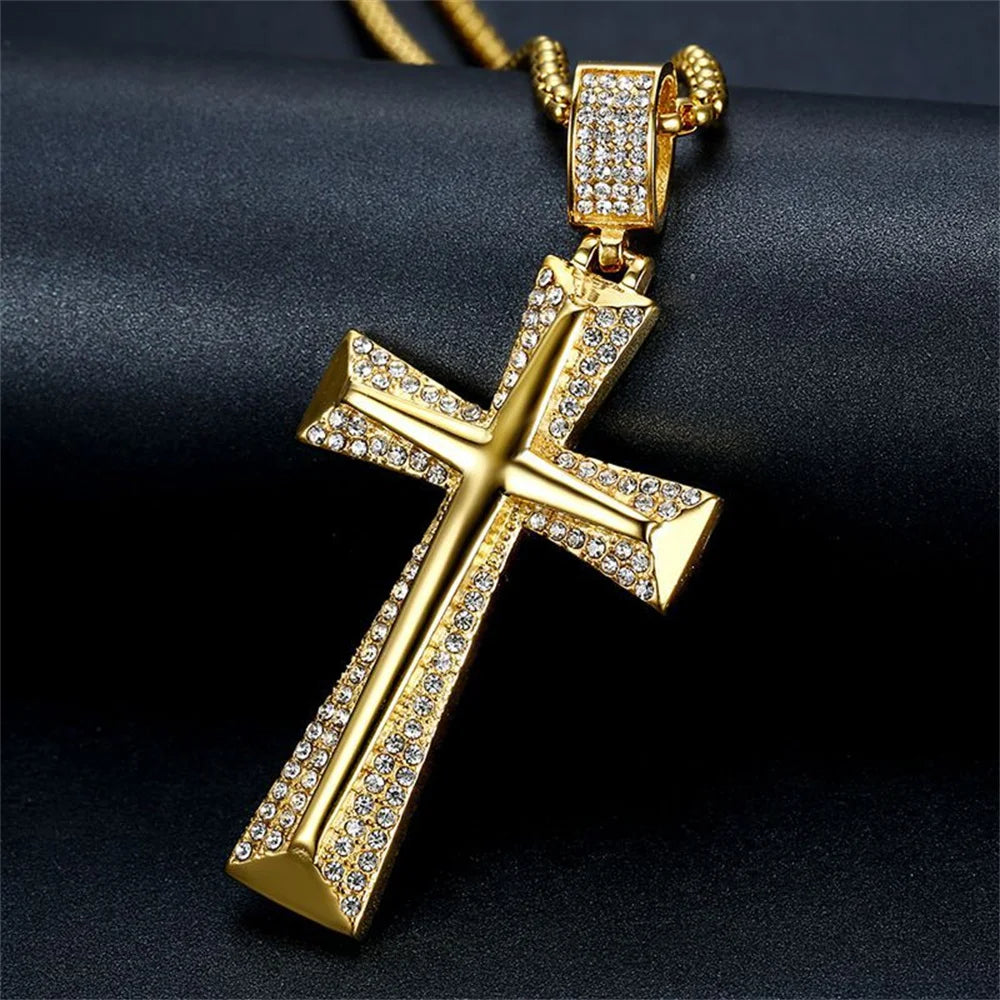 Iced Out Gold Knight Cross Pendant Necklace — Stainless Steel