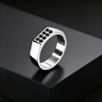 Men's Black Zircon Stainless Steel Ring, High Polished Silver Color Chunky Square Signet Ring, Punk Fashion Jewelry US