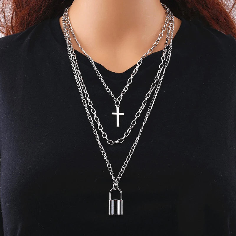 Fashion Chain Link Choker Heart Lock Cross Necklace Pendant For Women Men Silver Color Goth Jewelry Party Punk Long Necklaces