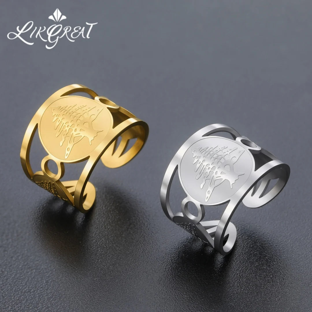 Lebanon Cedar Tree Cuff Ring Hollow Wide Open Band Stainless Steel Patriotic Lebanese National Emblem Jewelry For Lebanese