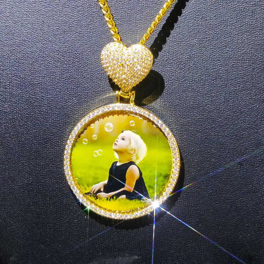 Gold Heart Photo Pendant Necklace 18K Iced Out