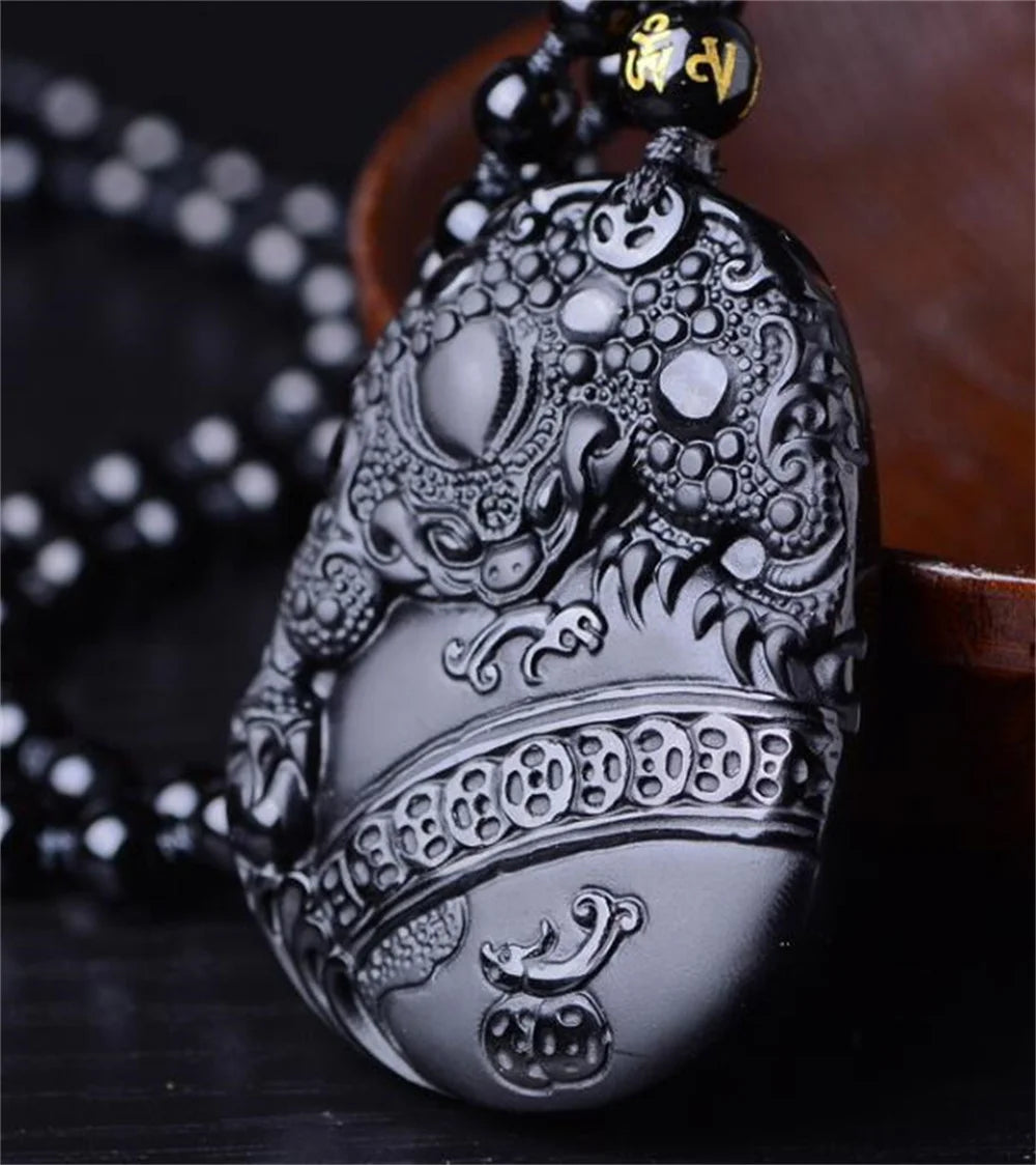 Beautiful Chinese Handwork Natural Black Obsidian Carved Coin Toad PiXiu Blessing Lucky Amulet Pendant + Beads Necklace