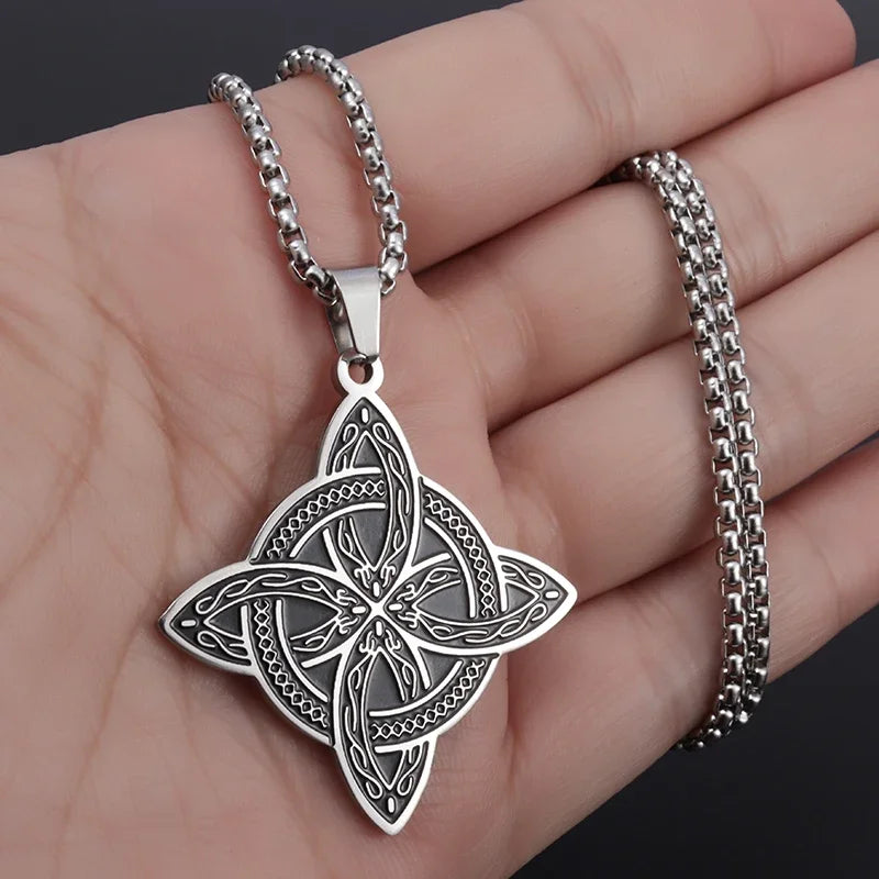 Silver Color Stainless Steel Pattern Witch Knot Pendant Necklace Celtic Knot Lucky Jewelry Christmas Gift for Friends Family
