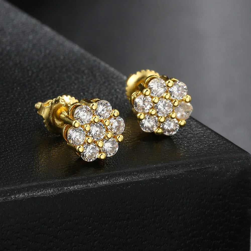 Iced Out Flower Stud Earrings — Gold