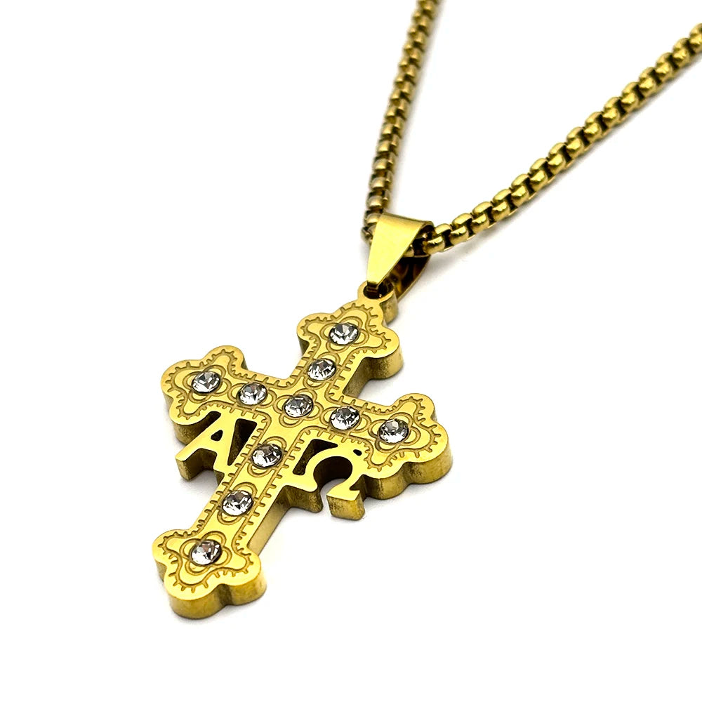 Orthodox Alpha Omega Cross Necklace Men Women Stainless Steel Gold Color Crystal Byzantine Chain Religious Faith