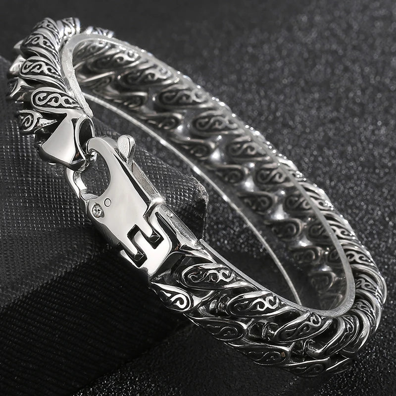 Retro 10 Inches Rose Line Man Bracelet Men Black Onyx Inset Stainless Steel Men's Bracelets Curb Chain Mannen Armband