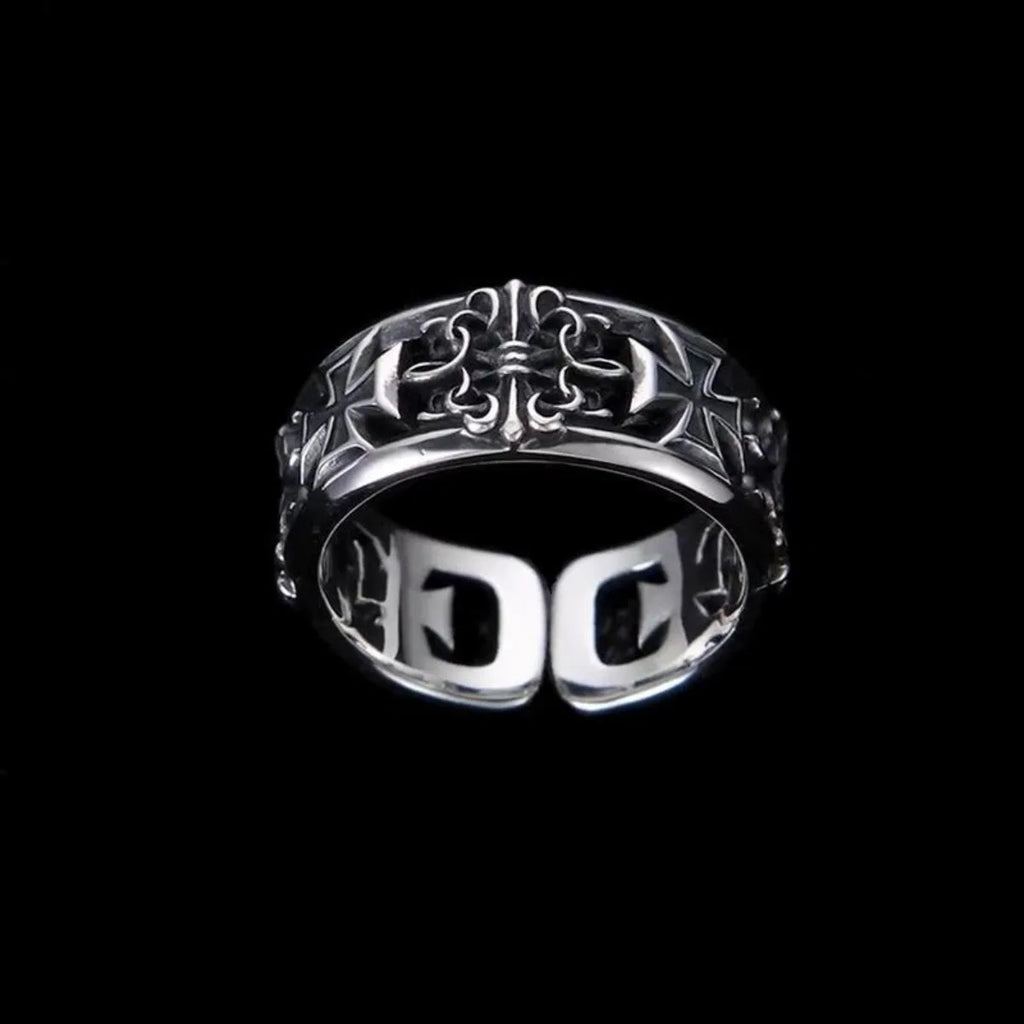 Dark Engraved Symbol Adjustable Open Ring — Stainless Steel