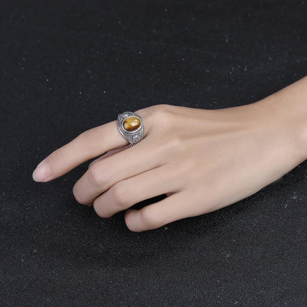 Silver Vintage Ring Oval 8x10MM Natural Tiger's Eye Stone Ring for Men Women Gift Luxury Rhodochrosite Jewelry