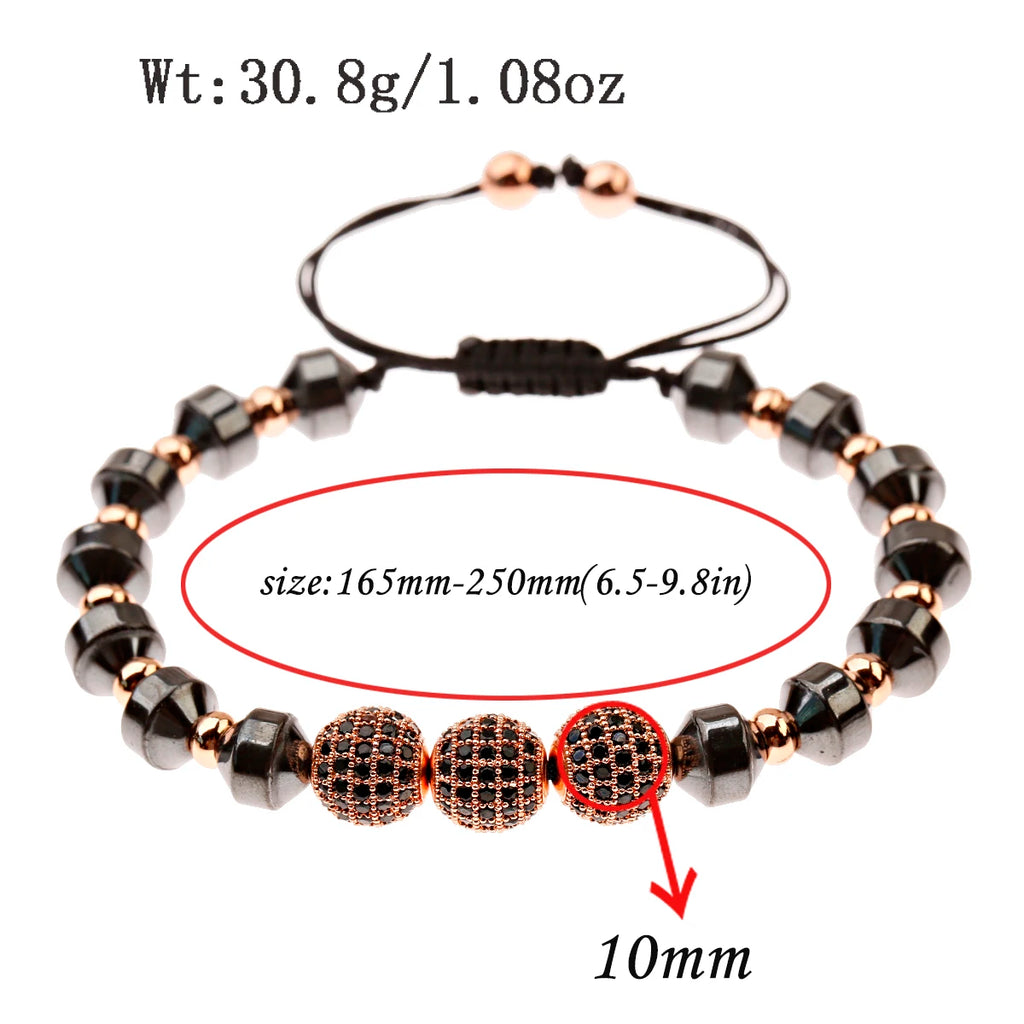 Luxury Micro Pave CZ 8mm Disco Charm Men Bracelet Classic Hematite Beaded Woven Bracelets Bileklik Women Jewelry