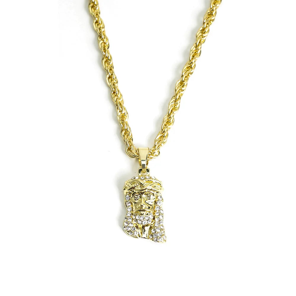 Men Hip Hop Jesus Piece Head Face Pendant Necklace With 4mm Rope Chain Shining Crystal Charm Pendants Jewelry Gift For
