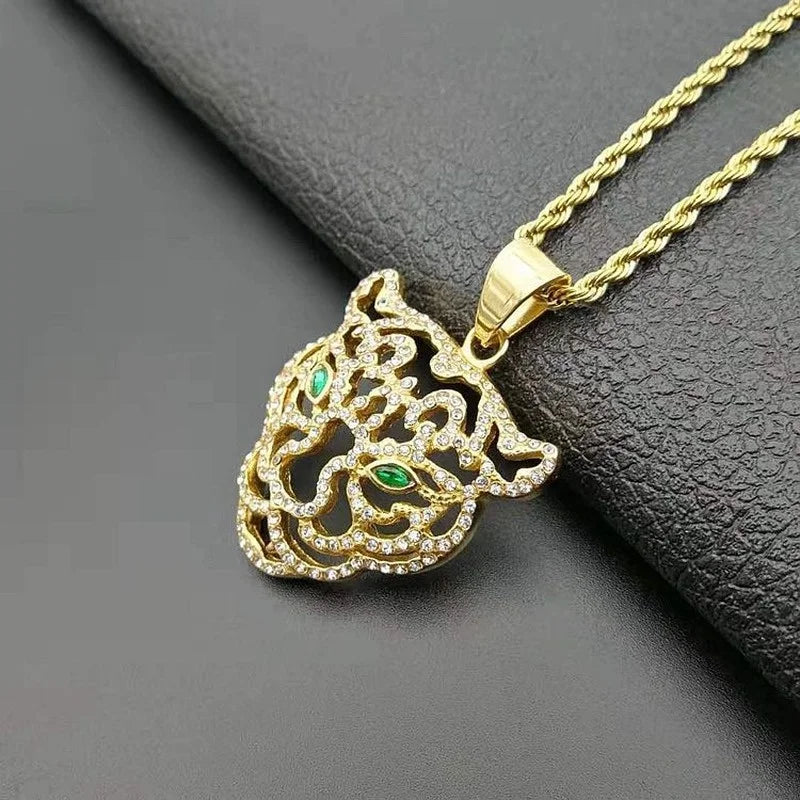Men's Fashion Titanium Steel Plated Rhinestone Green Eyes Hollow Tiger Head Pendant Necklace Punk Hip Hop Personality