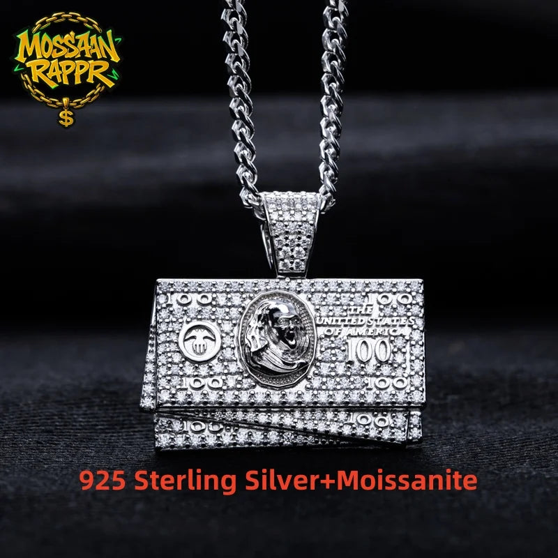 Iced Out Dollar Bill Pendant — 925 Silver