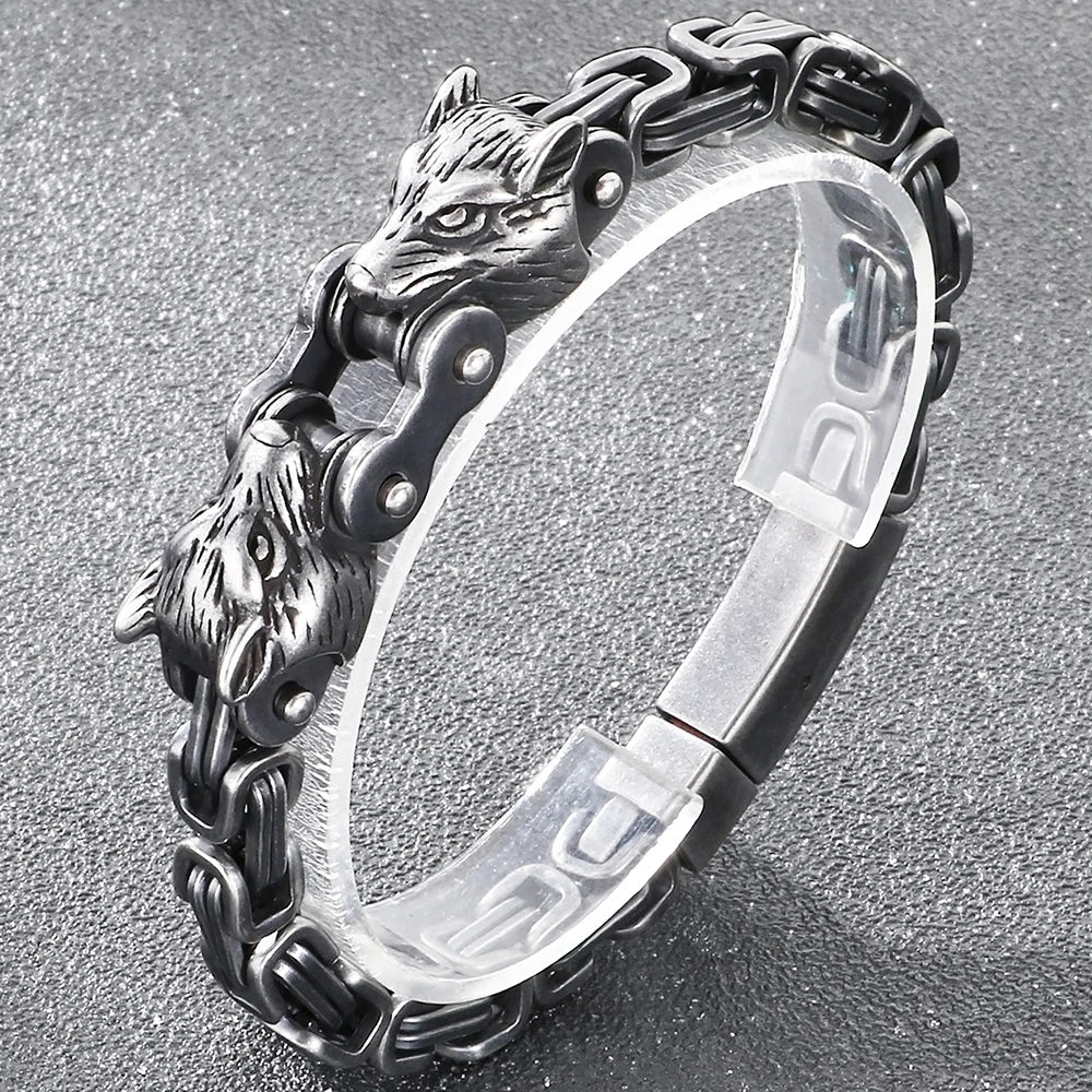 Double Wolf Head Link Chain Bracelet for Man 316L Stainless Steel Biker Charm Bracelets Vintage Punk Motorcycle Viking