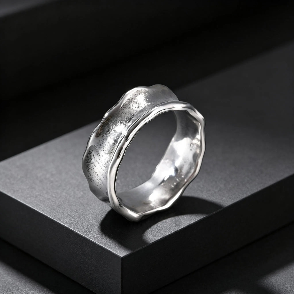 Men's Stainless Steel Vintage Irregular Hammered Ring High Polished 8mm Wide Band Ring Fashion Statement Jewelry Gift for Men