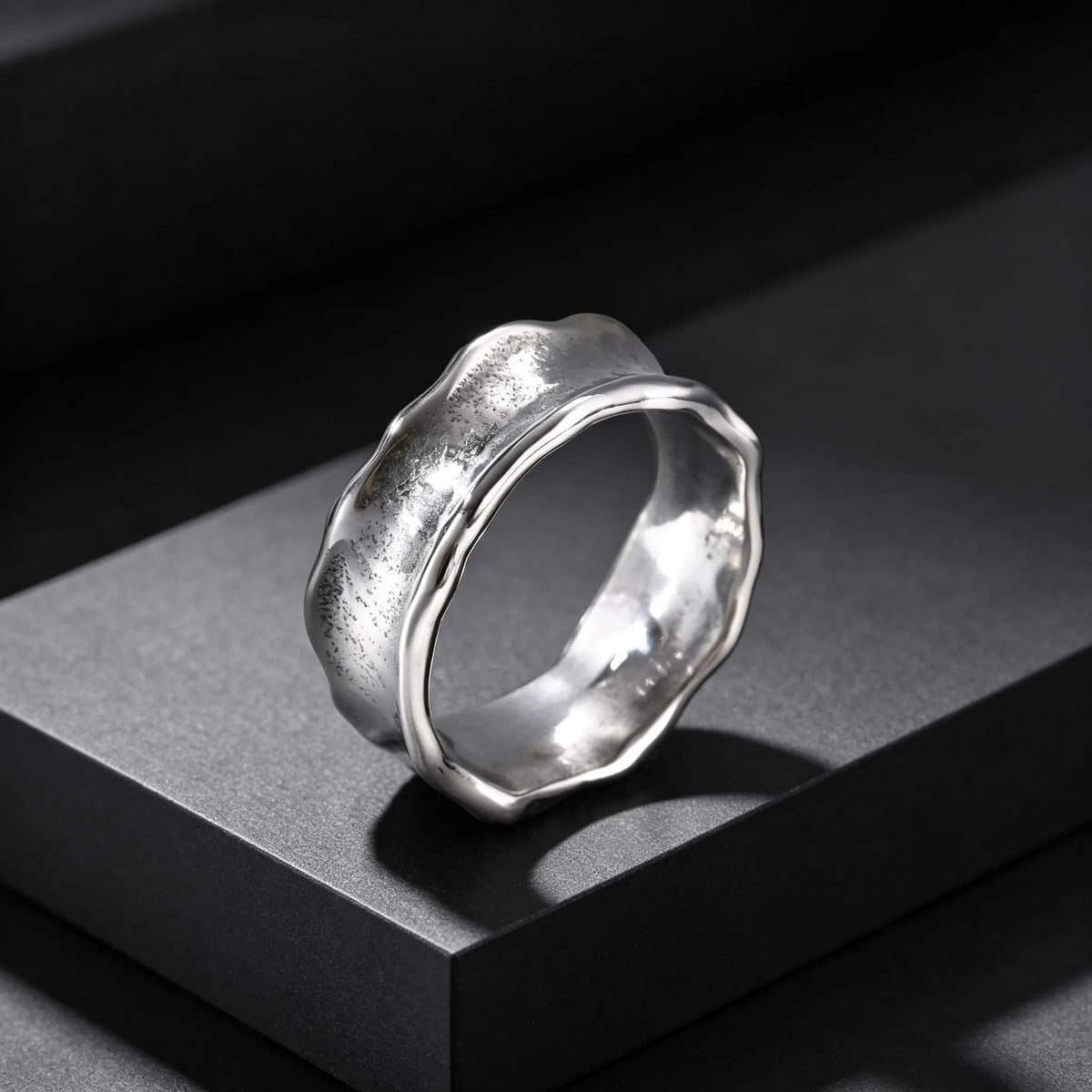Men's Stainless Steel Vintage Irregular Hammered Ring High Polished 8mm Wide Band Ring Fashion Statement Jewelry Gift for Men