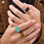 Vnox Stainless Steel Square Natural Stone Ring for Men Boys, Turquoise Tiger Eye Thumb Rings for Men, 12.8mm Width Signet Ring