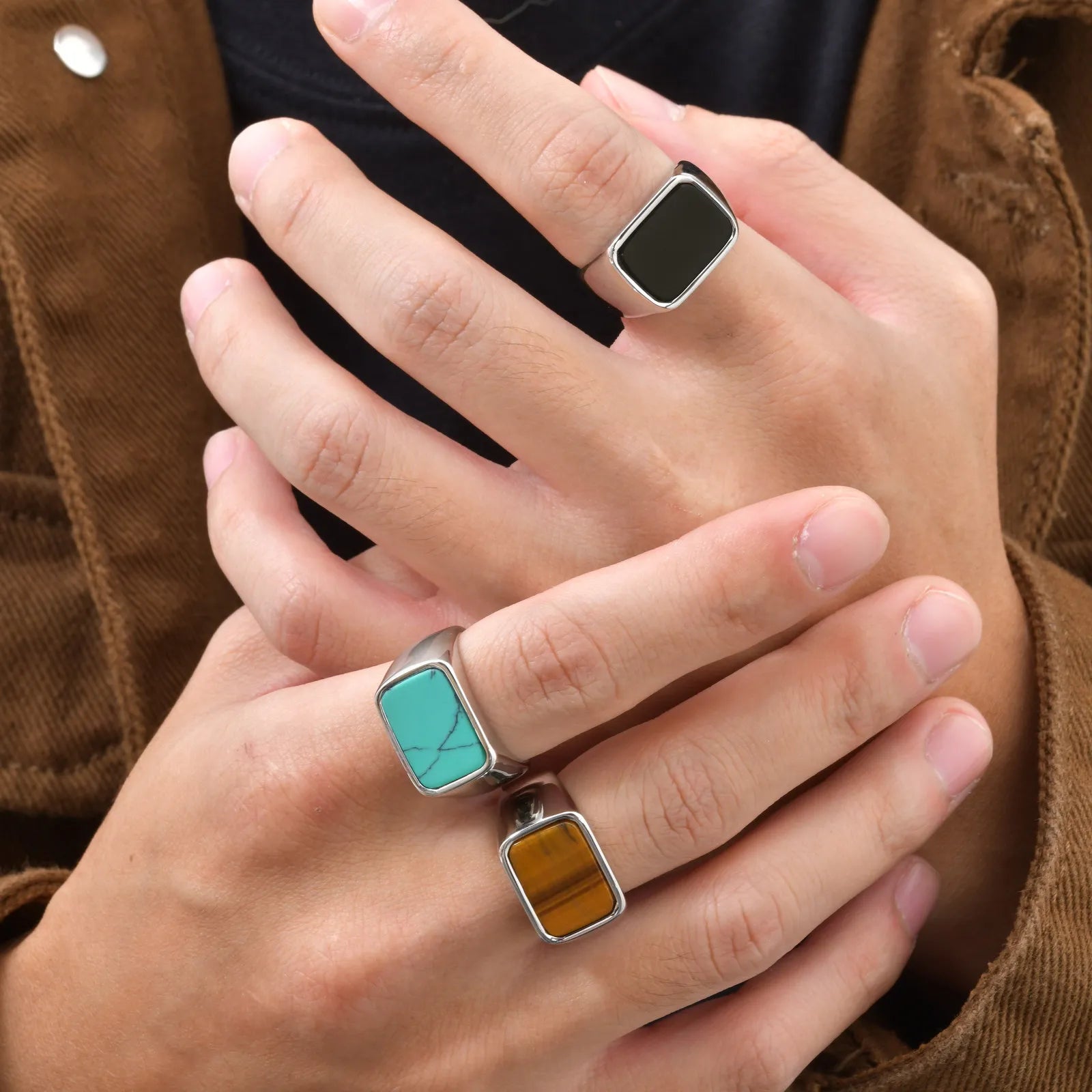 Vnox Stainless Steel Square Natural Stone Ring for Men Boys, Turquoise Tiger Eye Thumb Rings for Men, 12.8mm Width Signet Ring
