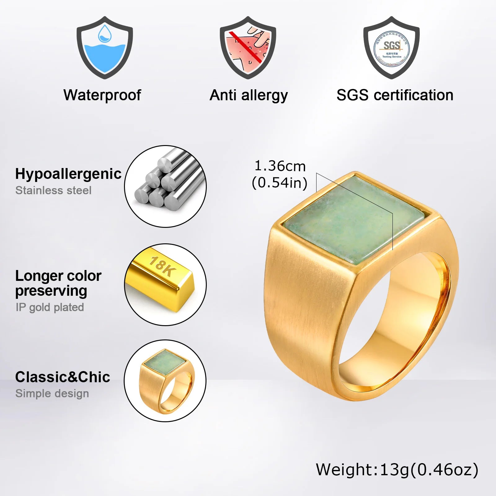 Gold Green Stone Signet Ring — Stainless Steel
