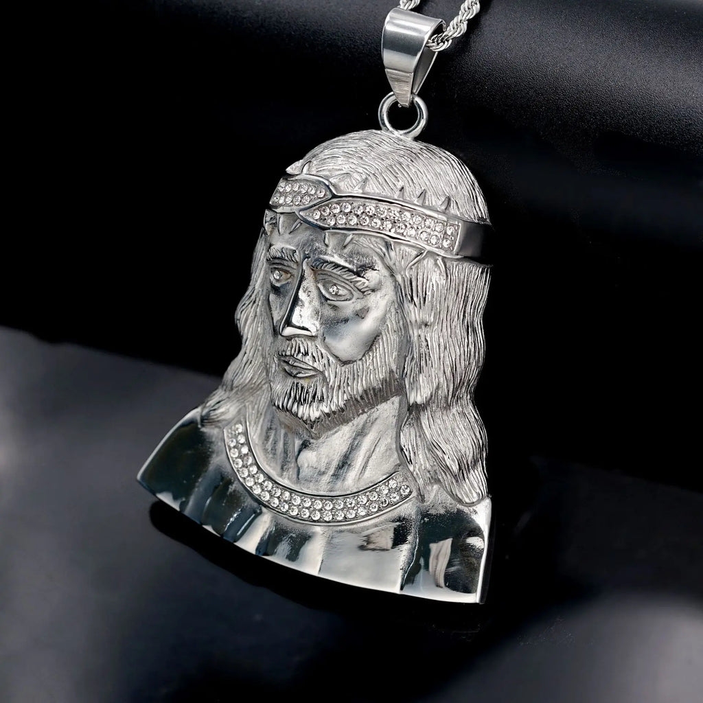 Iced Out Jesus Head Pendant — Stainless Steel