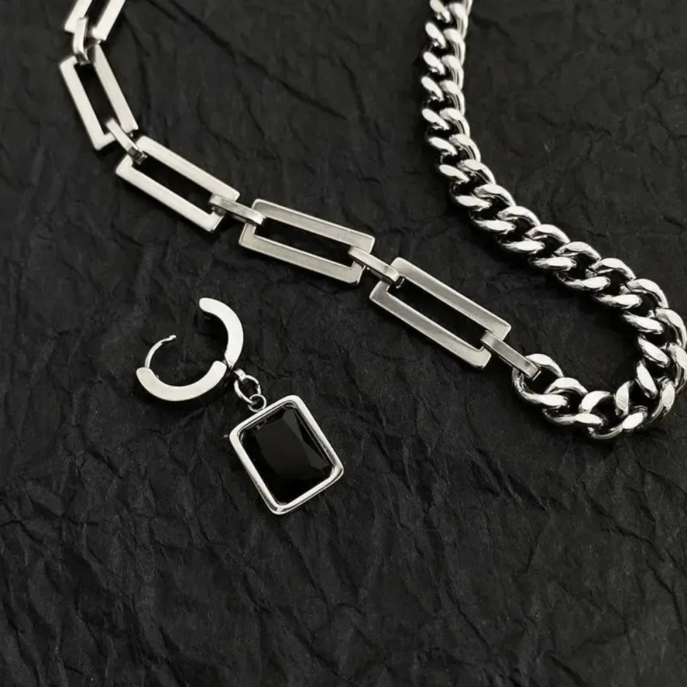 Men Trendy Hip Hot Black Square Pendant Necklace Asymmetric Stainless Steel Cuba Chain Necklace for Men Jewelry