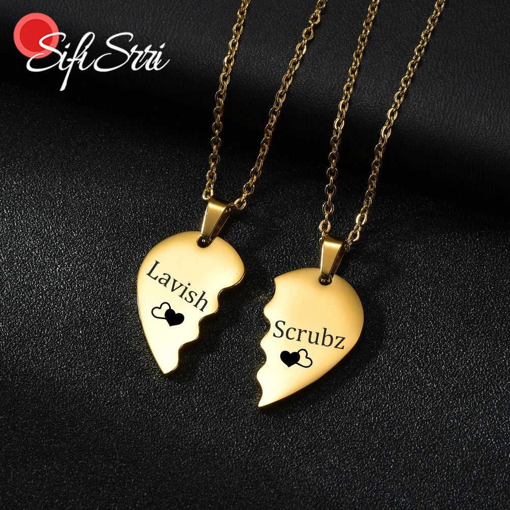 Sifisrri 1 Pair Personalized Engrave Name Half Heart Pendant Necklace for Women Men Stainless Steel Valentine's Day Jewelry Gift