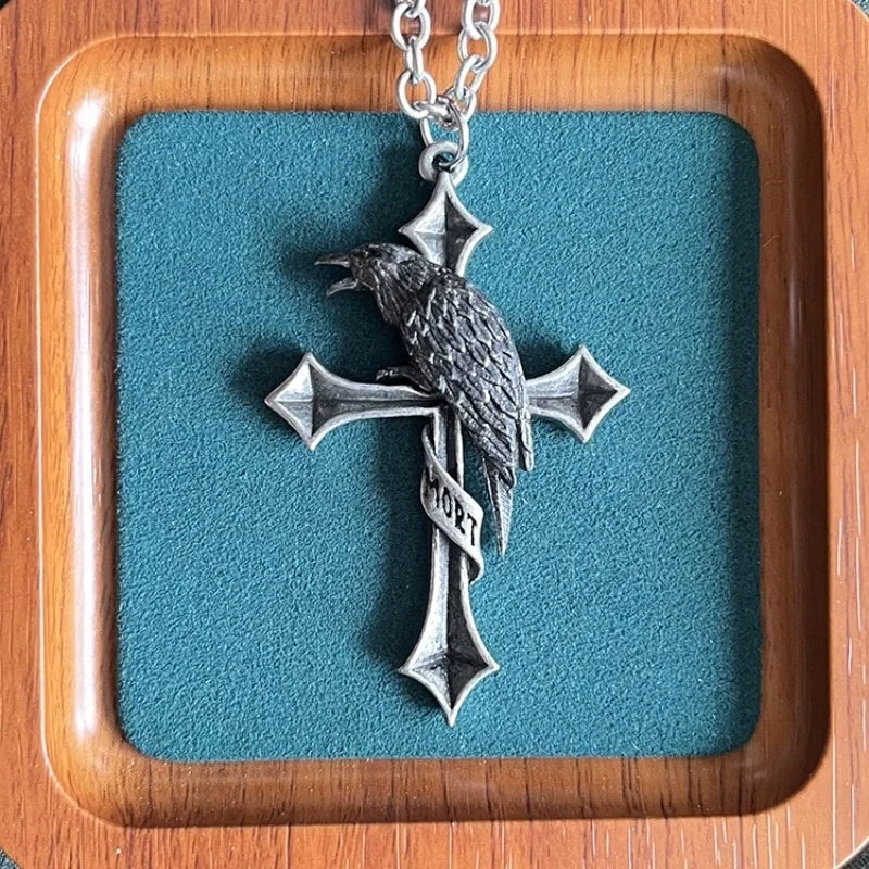 Gothic Crow Cross 925 Silver Pendant Necklace