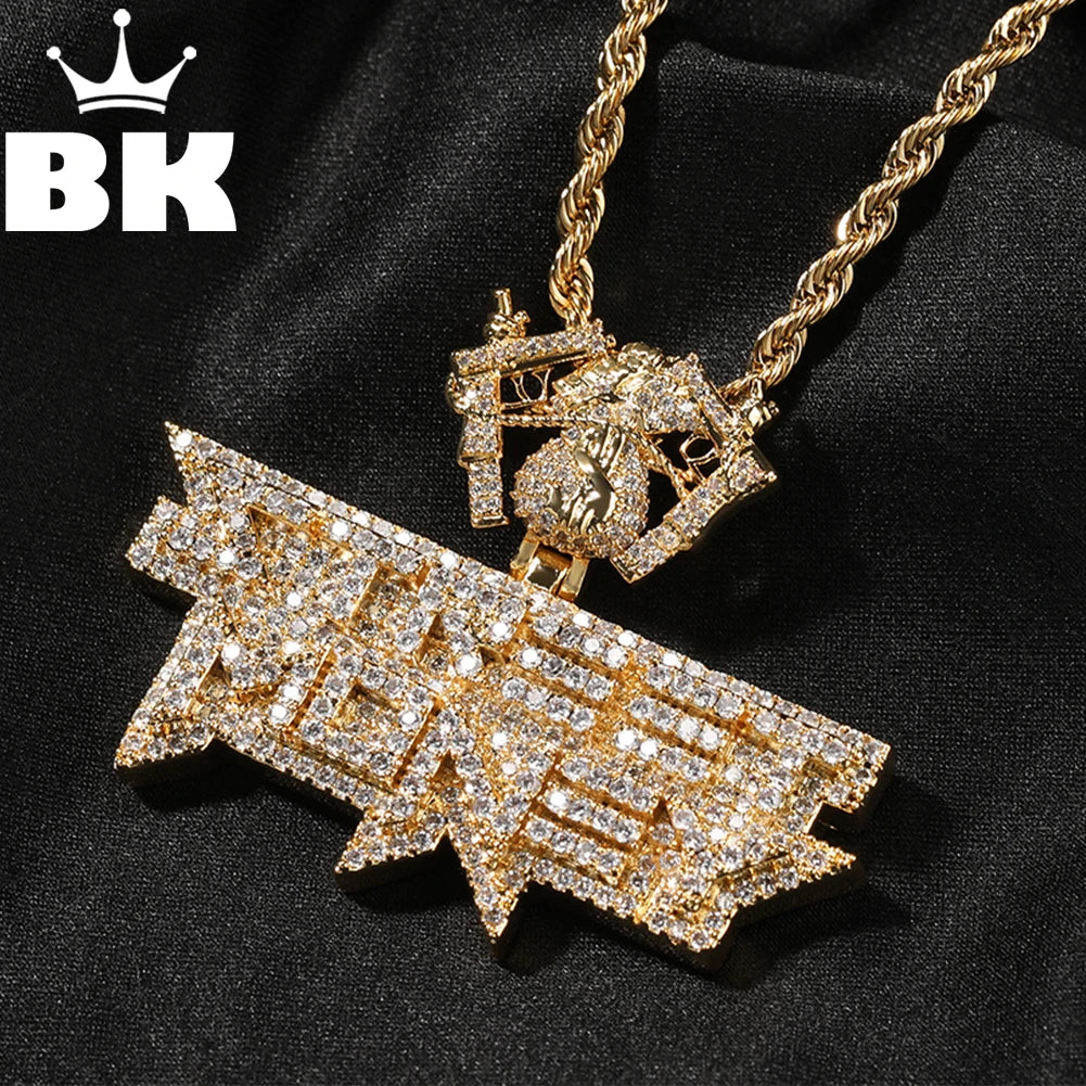 THE BLING KING Icy Street Money Pendant With Dollar Bag Guns Hook Mens Necklace 18K Gold Plated Iced Out 5A CZ Hip Hop Jewelry