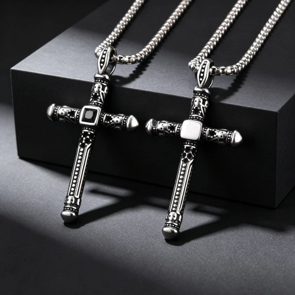 Gothic Skull Cross Necklace for Men, Stainless Steel Black Zircon Collar Necklace, Vintage Creative Hip Hop Jewelry