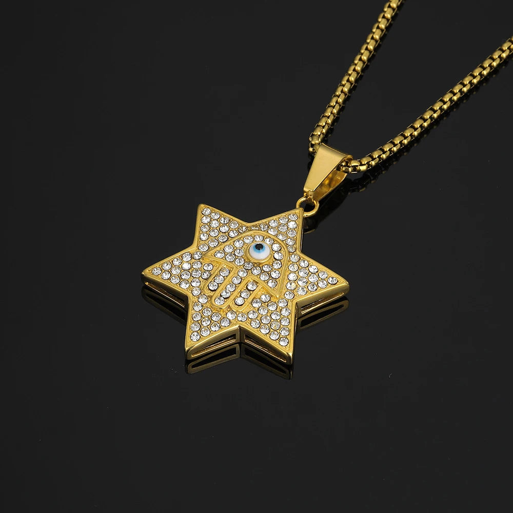 Hamsa Evil Eye Star of David Pendant Necklace — Gold-Tone Steel
