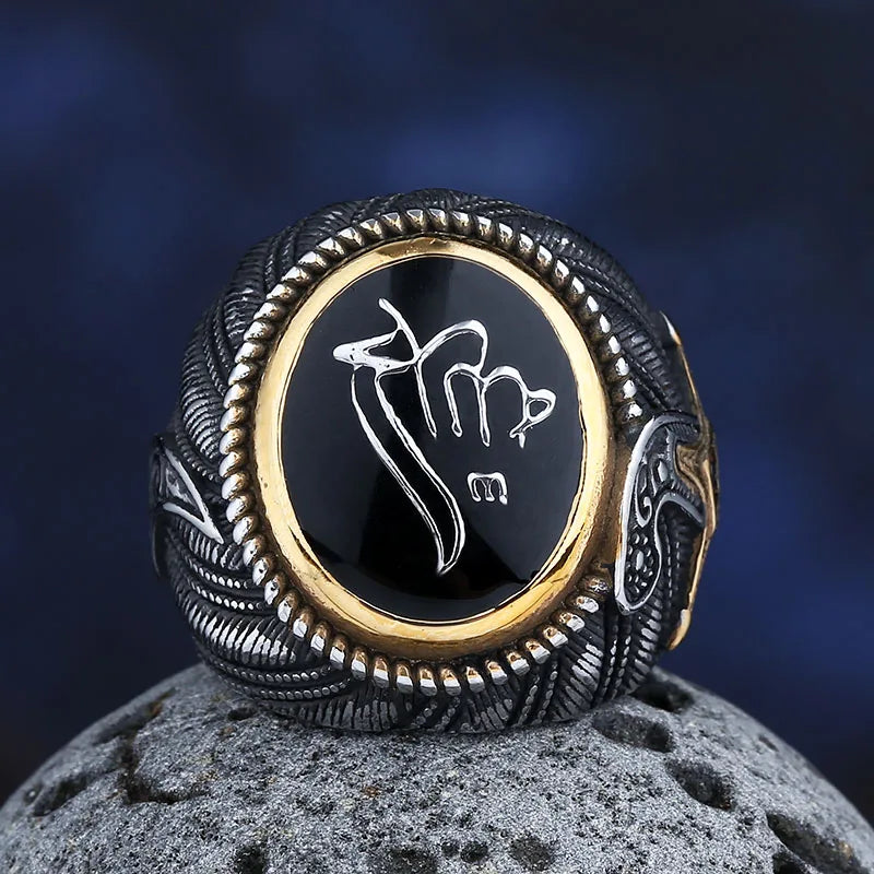 New Design 316L Stainless Steel Tone Saudi Star Ring With Black Stone Mysterious Exaggerated Men Ring Jewelry For Boyfriend Gift