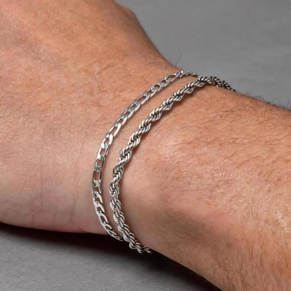 Figaro Rope Chain Bracelet Set Silver — Stainless Steel