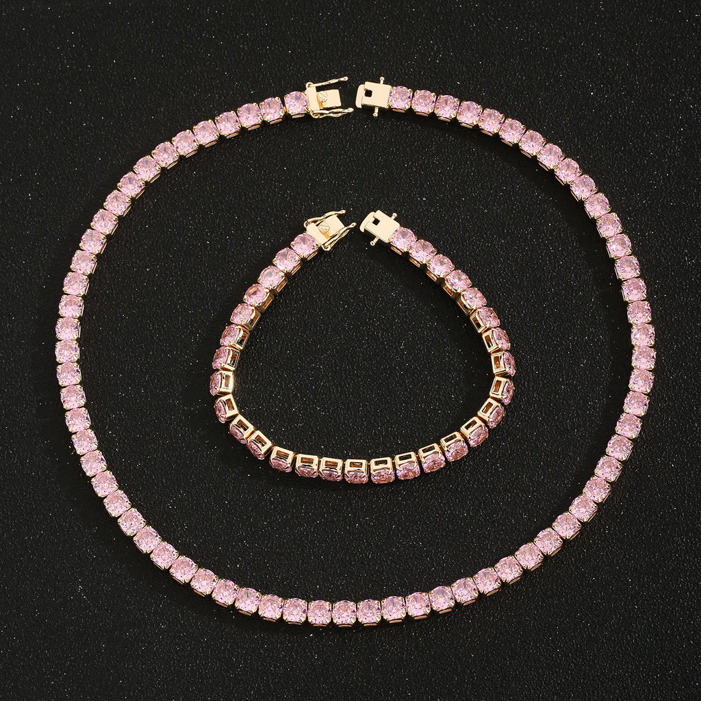 Multi-Color CZ Chain Bracelet Necklace Set 6mm 50cm