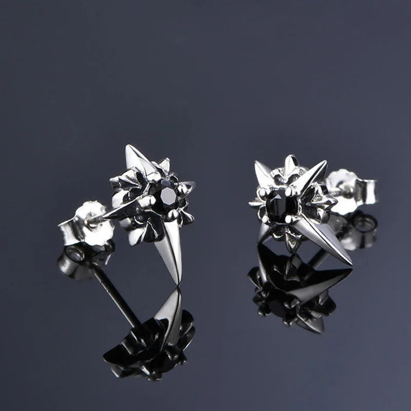 Black CZ Star Stud Earrings with Clear Crystal — Black-Tone