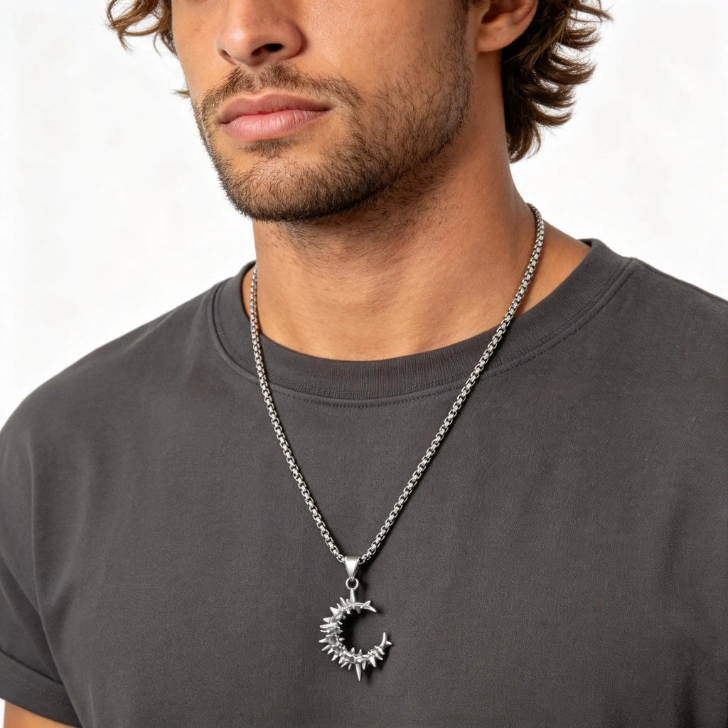 Gothic Thorn Moon Necklace for Men Boys,Vintage Stainless Steel C Shape Pendant Necklace,Birthday Party Jewelry Gift