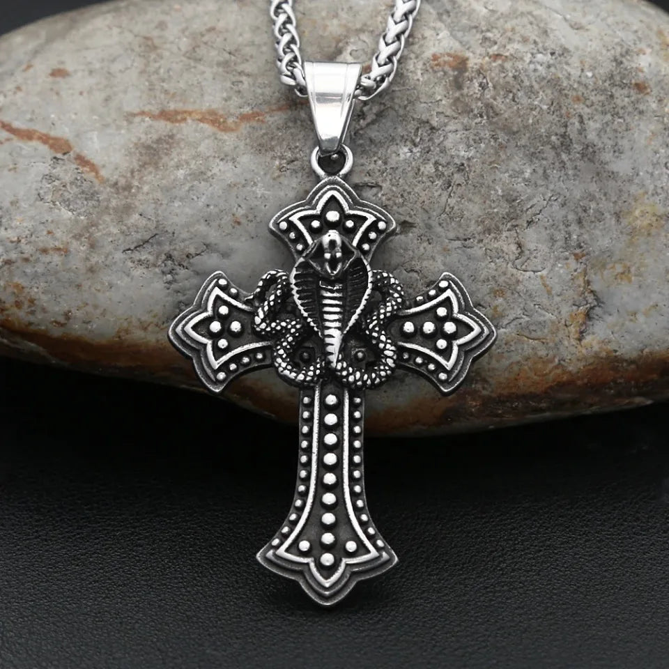 Vintage Stainless Steel Snake Necklaces For Men Women Gothic Hip Hop Cross Pendant Fashion Personality Biker Jewelry