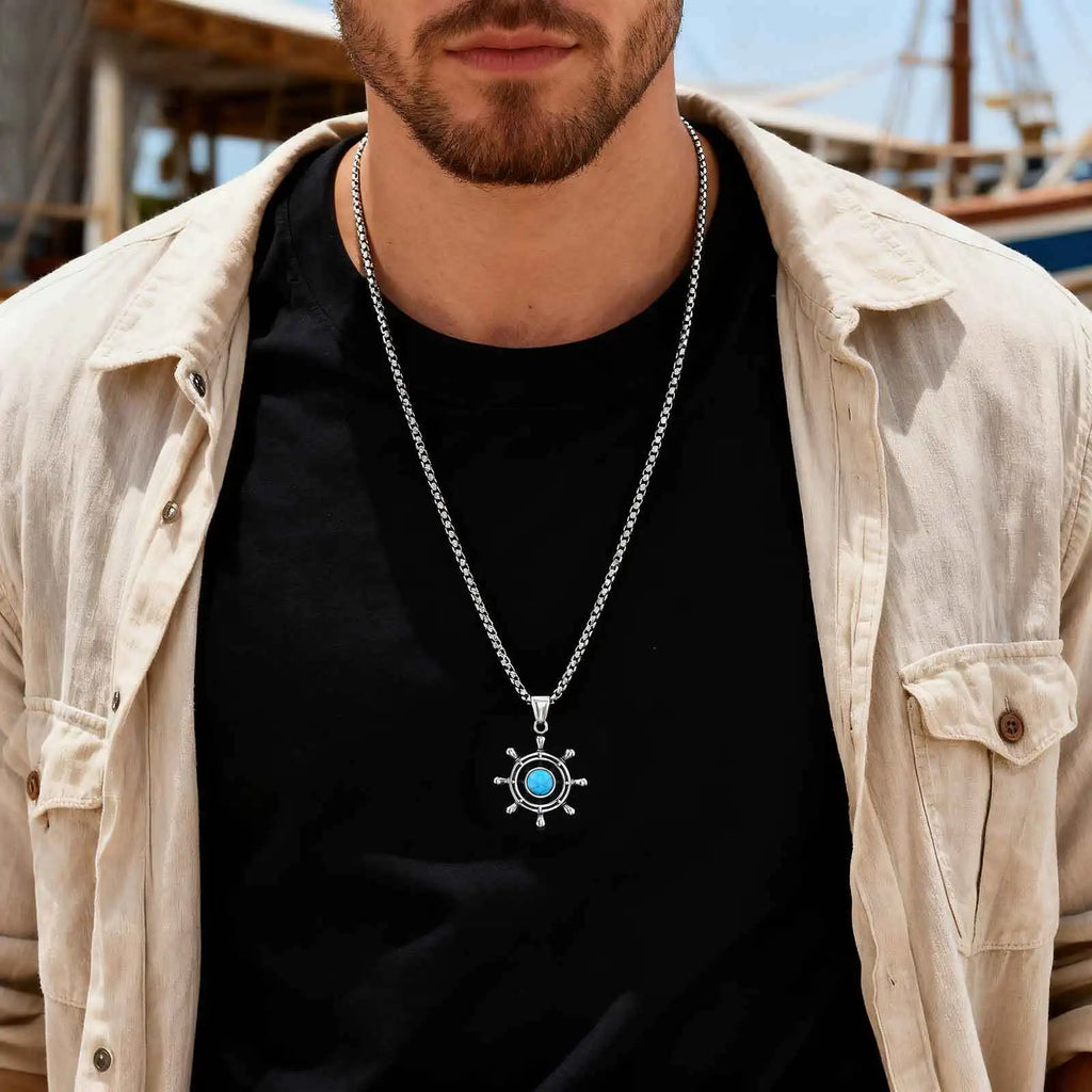 Rudder Turquoise Pendant — Silver Stainless