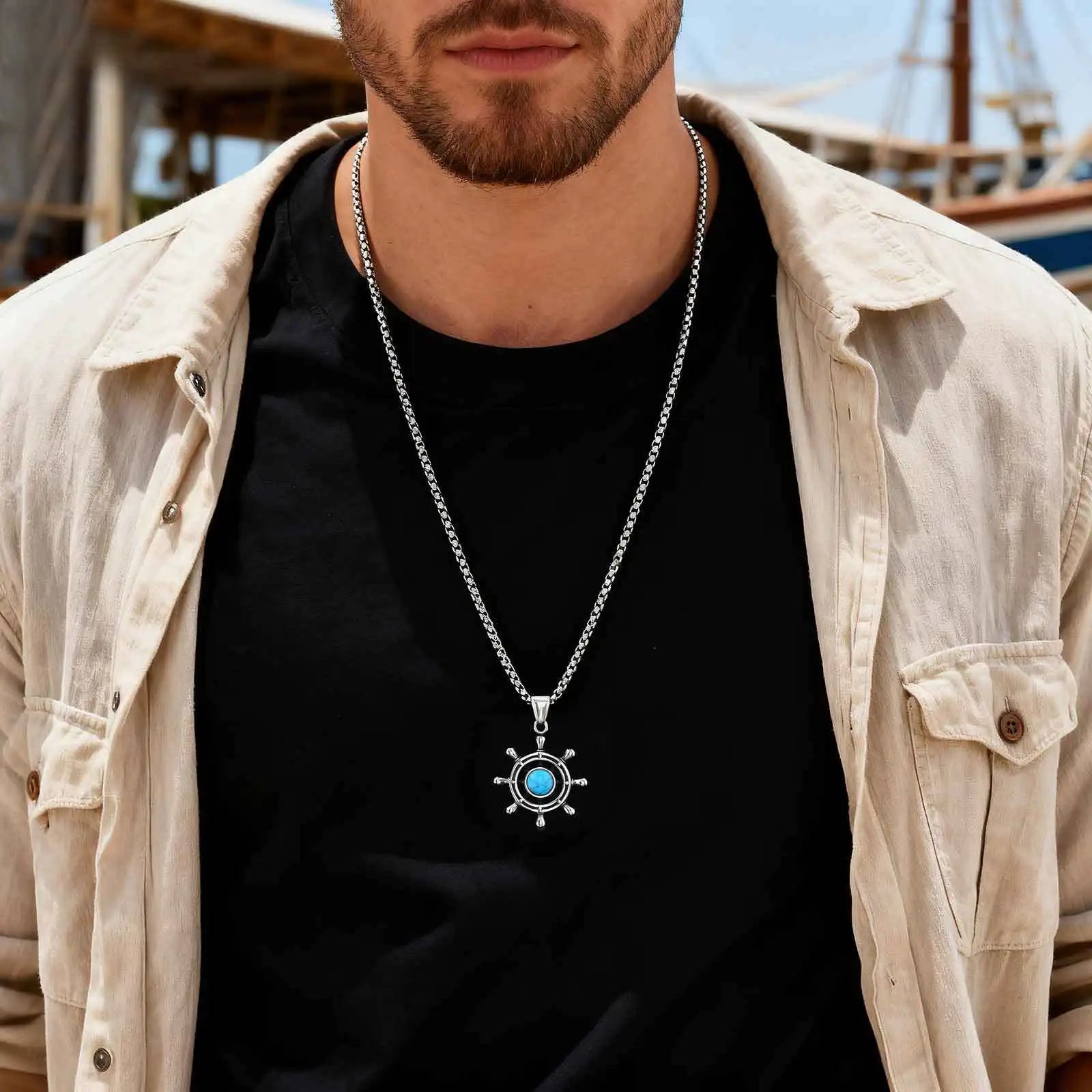 Rudder Turquoise Pendant — Silver Stainless