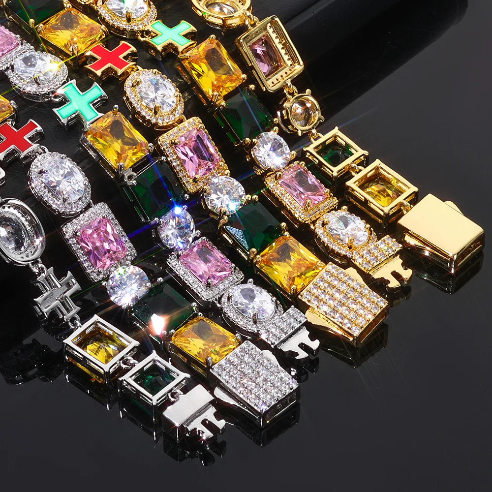 Cross Iced Out Gemstone Bracelet Stainless Steel