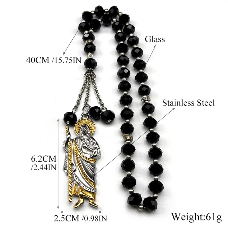 San Judas Tadeo Car Pendant Stainless Steel Gold Silver Color Saint Jude Thaddeus Glass Prayer Beads Chain Amulet Jewelry Gift