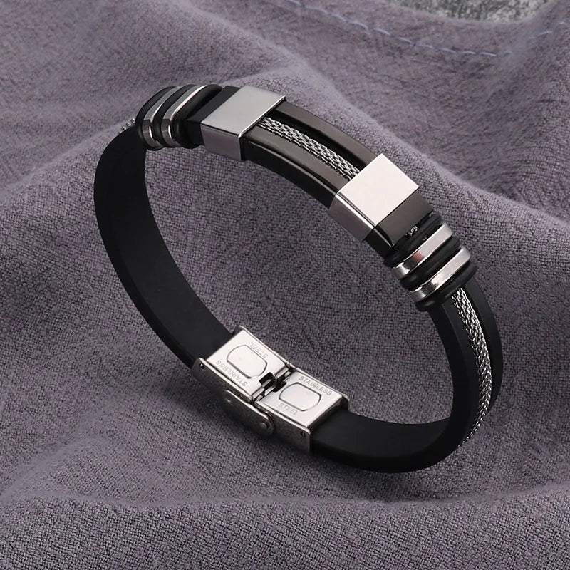 Fashion Stainless Steel Bracelets Men Wrist Band Black Grooved Rudder Silicone Mesh Link Insert Punk Wristband Casual