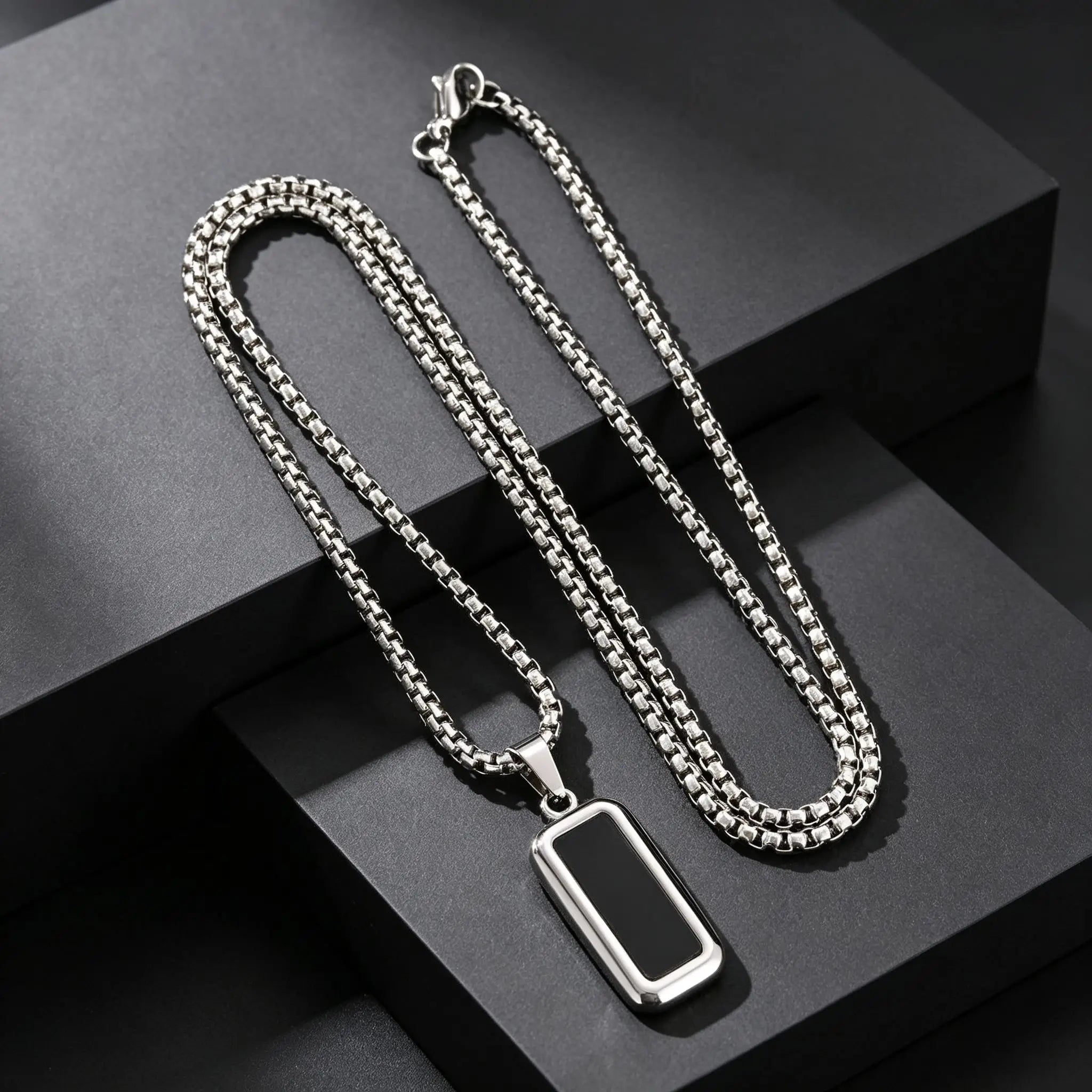 Square Dog Tag Pendant Necklace — Black Stainless Steel
