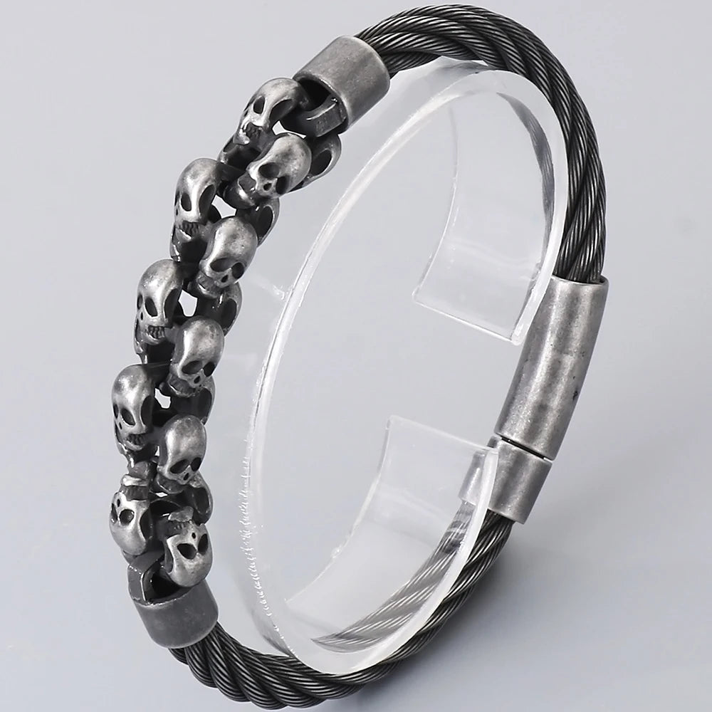 Gothic Men's Skull Bracelet for Man Steampunk 6MM Width Braided Stainless Steel Wire Chain Jewelry