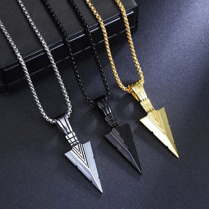 Cuban Chain Arrow Pendant Necklace for Men Stainless Steel Long Chains Hip Hop Punk Spearhead Charm Man's Neck Jewelry Accessory