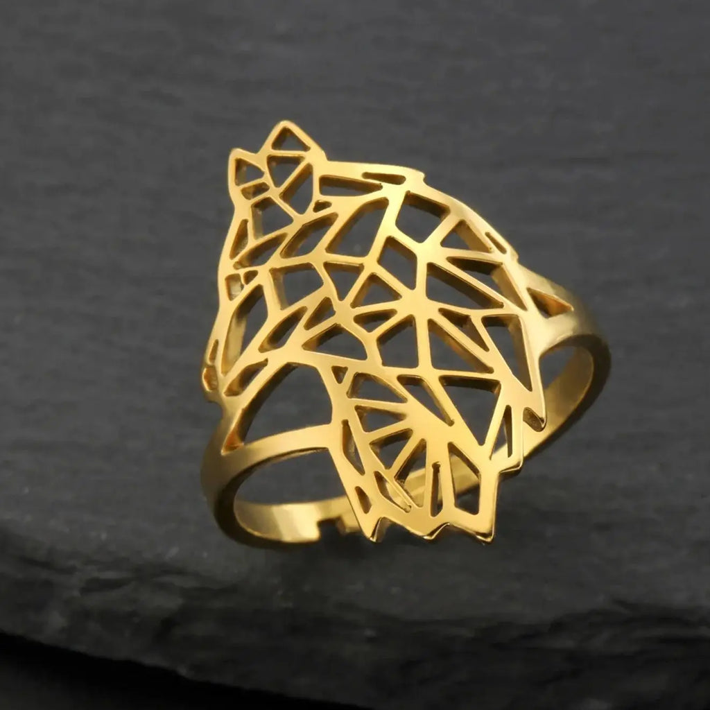 Teamer Hollow Cute Wolf Stainless Steel Ring for Women Men Open Wide Vintage Geometric Animal Finger Ring Jewelry Gift Wholesale
