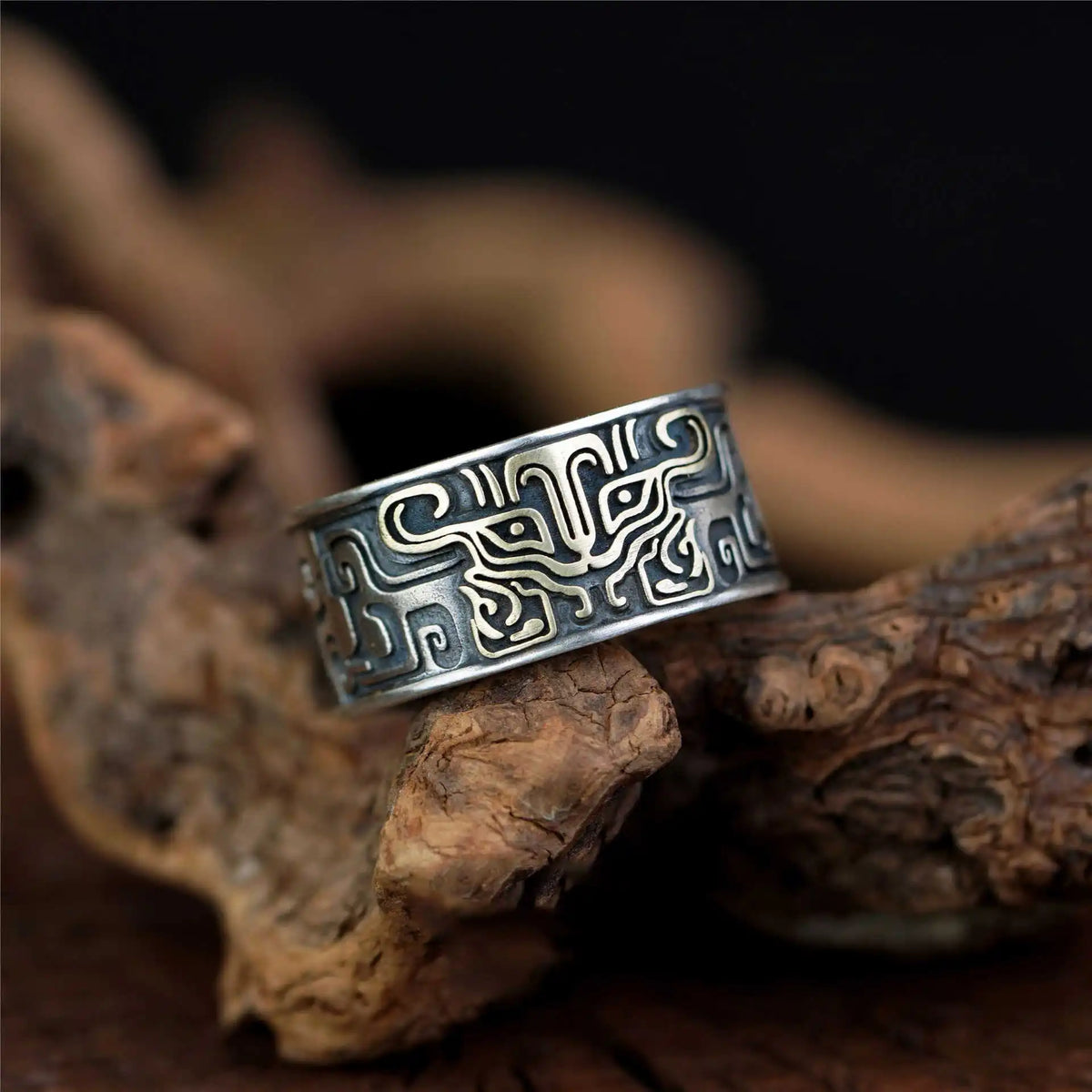 Retro Taotie Chinese Mythology Adjustable Open Ring For Men Punk Gothic Edgy Copper Jewelry Unisex Accessories Gift