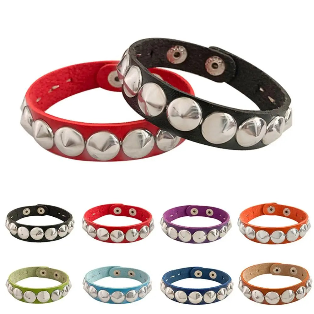 Gothic Round Rivet Leather Cuff Bracelet — Adjustable Bangle
