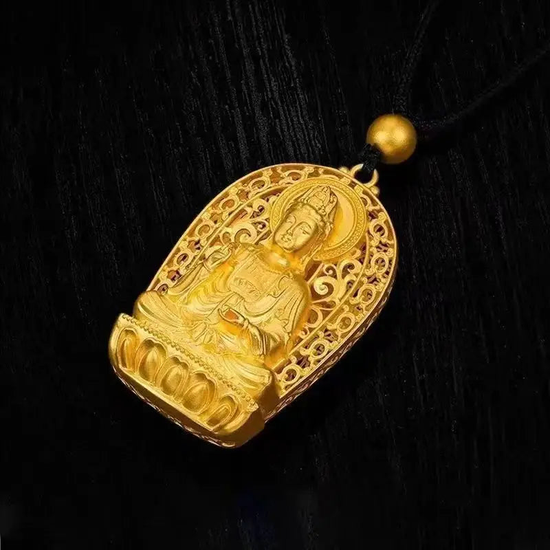 Unisex 24K Gold (AU999) Avalokitesvara Pendant | Solid gold 3D statue, chiseled lotus patterns in matte ancient finish