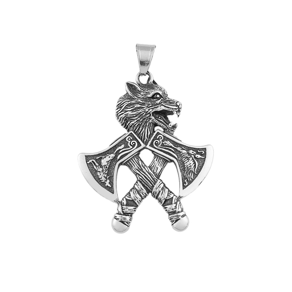 Viking Double Axe Wolf Head Pendant — SS