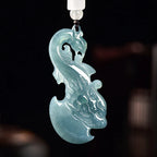 Natural Emerald Blue Water Dragon Phoenix Ax , Ice , Pendant for Men and Women, Jade Ornament